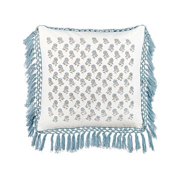 Scatter Cushion White And Blue Cotton 45 X 45 Cm Floral Pattern Fringed Handmade Removable Cover With Filling Boho Style Beliani