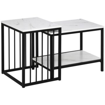 Homcom Modern Coffee Table Set Of Two, Marble-effect Nest Of Tables With Steel Frame For Living Room, White And Black
