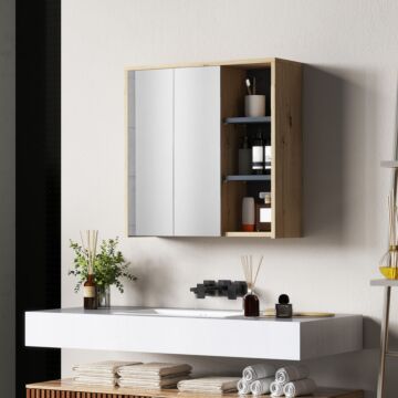 Homcom Five-shelf Mirrored Bathroom Cabinet - Wood-effect