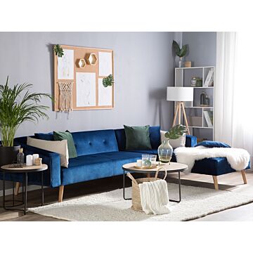 Corner Sofa Bed With 3 Pillows Blue Velvet Upholstery Light Wood Legs Reclining Left Hand Chaise Longue 4 Seater Beliani