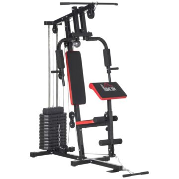 Homcom Multi Gym With Weights, Multifunction Home Gym Machine With 66kg Weight Stack For Full Body Workout And Strength Training, Red