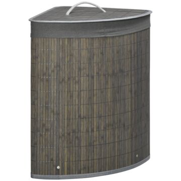 Homcom Bamboo Laundry Basket With Lid, 55 Litres Laundry Hamper With Removable Washable Lining, Corner Washing Baskets, 38 X 38 X 57cm, Grey