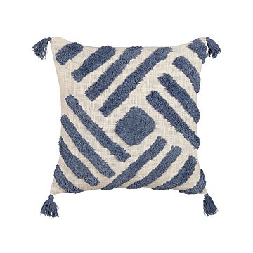Scatter Cushion Beige And Blue Cotton 45 X 45 Cm Geometric Pattern Tassels Removable Cover With Filling Boho Style Beliani