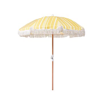 Garden Parasol Yellow And White Fabric Beech Wood Pole ⌀ 150 Cm Round Retro Garden Outdoor Umbrella Tilting Uv Resistant Beliani