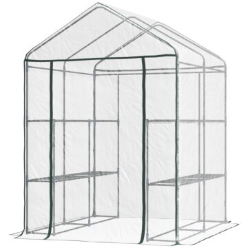 Outsunny 143 X 143 X 195 Cm Walk-in Greenhouse 3 Tiers Portable Grow House W/ 8 Shelves, Metal Frame, Pvc Film, Transparent