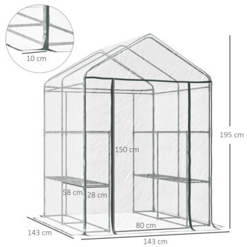 Outsunny 143 X 143 X 195 Cm Walk-in Greenhouse 3 Tiers Portable Grow House W/ 8 Shelves, Metal Frame, Pvc Film, Transparent