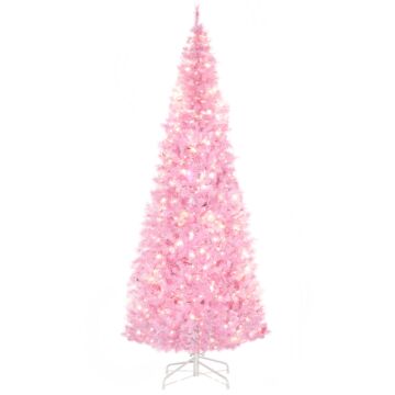 Homcom 7' Tall Prelit Pencil Slim Artificial Christmas Tree With Realistic Branches, 350 Warm White Led Lights And 818 Tips, Xmas Decoration, Pink
