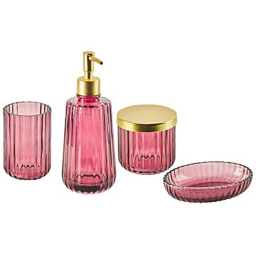 4-piece Bathroom Accessories Set Pink Glass Glam Soap Dispenser Soap Dish Toothrbrush Holder Cup Beliani