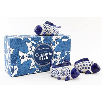 Set Of 3 Blue Koi Fish Ceramic Ornaments Willow Design