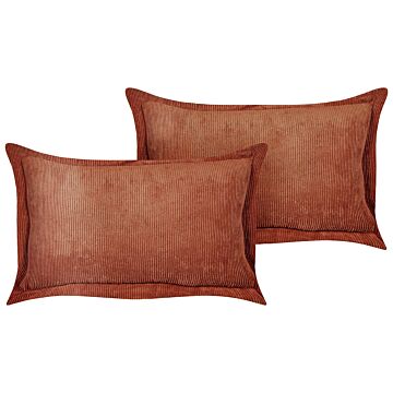 Set Of 2 Golden Brown Decorative Pillows Corduroy 47 X 27 Cm Modern Traditional Living Room Bedroom Cushions Beliani