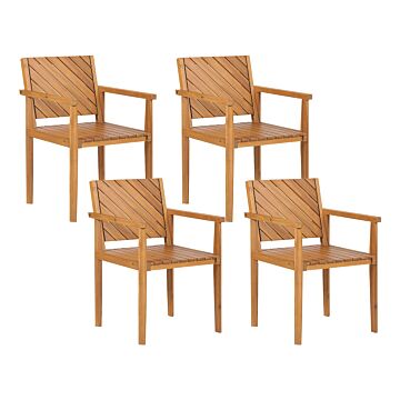 Set Of 4 Garden Chairs Light Acacia Wood Outdoor With Armrests Traditional Style Beliani