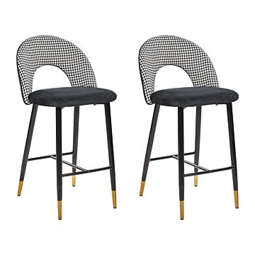 Set Of 2 Bar Chairs Black And White Velvet Black Steel Retro Design Golden Ends Dining Room Beliani