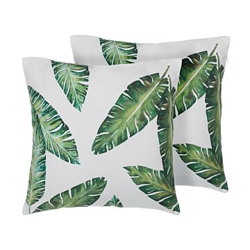 Set Of 2 Decorative Cushions Green Leaf Pattern 45 X 45 Cm Tropical Motif Print Decor Accessories Beliani