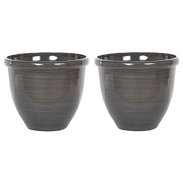 Set Of 2 Plant Pots Solid Brown Stone Mixture Polyresin ⌀ 44 Cm High Gloss Outdoor Resistances Round All-weather Beliani