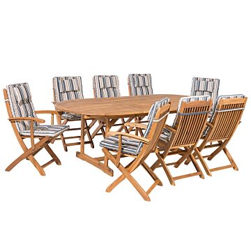 Outdoor Dining Set Light Acacia Wood With Striped Cushions 8 Seater Table Folding Chairs Rustic Design Beliani