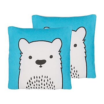 Set Of 2 Kids Cushions Blue Fabric Bear Image Pillow With Filling Soft Children's Toy Beliani