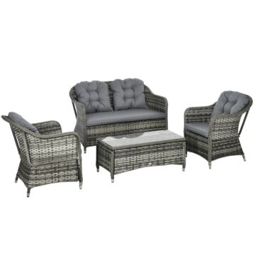 Outsunny 4 Pieces Pe Rattan Wicker Sofa Set Outdoor Conservatory Furniture Lawn Patio Coffee Table W/ Cushion - Grey