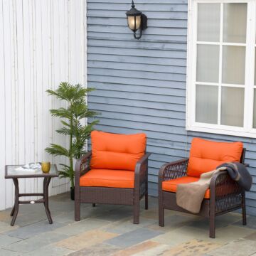 Outsunny 3 Pieces Patio Pe Rattan Bistro Set, Outdoor Wicker Coffee Table Armrest Chairs Thick Padded Conversation Furniture For Garden Orange