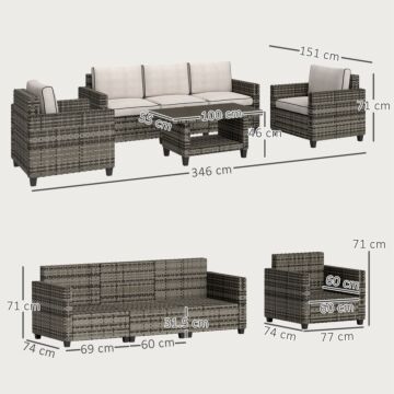 Outsunny 6 Pieces Rattan Garden Furniture Set, 5 Seater Wicker Outdoor Furniture Set With 2 Armchairs, Steel Frame Coffee Table And Cushions For Balcony, Porch, Light Grey