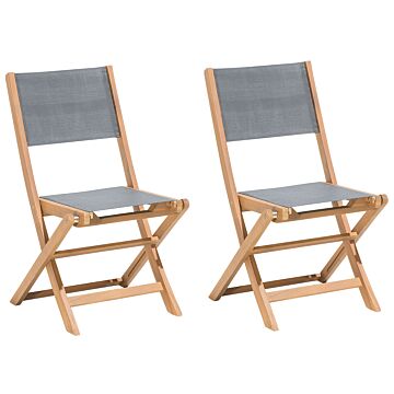 Set Of 2 Garden Chairs Light Acacia Wood Grey Pvc Fabric Folding Outdoor Patio Armless Classic Timeless Style Beliani