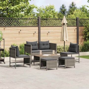 Vidaxl Outdoor Sofa Set Grey And Dark Grey Rattan, Tempered Glass Medium
