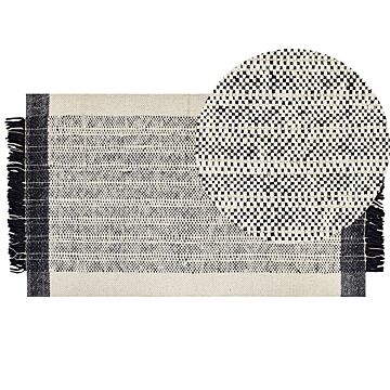 Rug White And Black Wool Cotton 80 X 150 Cm Hand Woven Flat Weave With Tassels Beliani