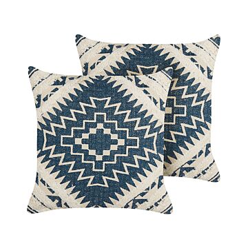 Set Of 2 Decorative Cushions Blue And Beige Cotton 50 X 50 Cm Geometric Pattern Foil Print Boho Decor Accessories Beliani