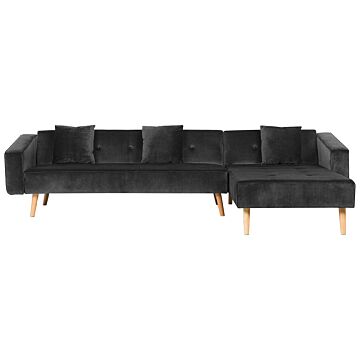 Corner Sofa Bed With 3 Pillows Black Velvet Upholstery Light Wood Legs Reclining Left Hand Chaise Longue 4 Seater Beliani