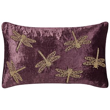 Decorative Cushion Purple Velvet 30 X 50 Cm Animal Pattern Dragonfly Motif Modern Glamour Living Room Bedroom Pillow Beliani