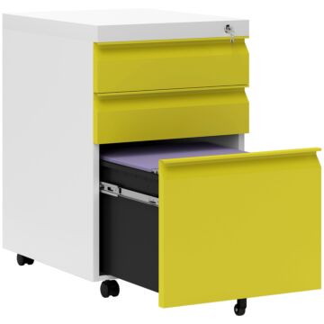 Vinsetto 3 Drawer Filling Cabinet, Mobile Metal File Cabinet With Anti-tilt Design For Letter, A4, Legal Size, Yellow