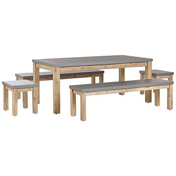 Outdoor Dining Set Grey Fibre Cement Light Acacia Wood 8 Seater Table 2 Benches 2 Stools Modern Industrial Design Beliani