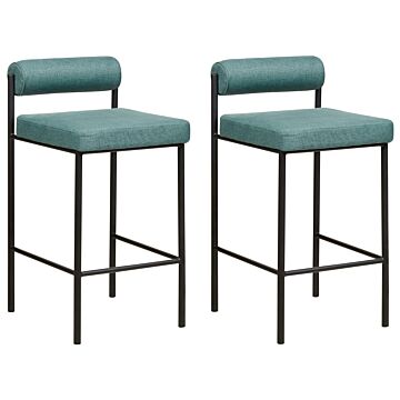 Set Of 2 Bar Chairs Teal Polyester Upholstery Black Metal Legs Armless Stools Roll Backrest Modern Dining Room Kitchen