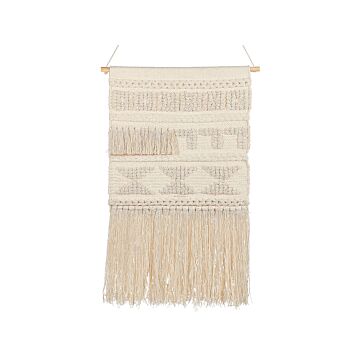 Wall Hanging Beige Cotton Handwoven With Tassels Geometric Pattern Wall Décor Hanging Decoration Boho Style Living Room Bedroom Kids Room Beliani
