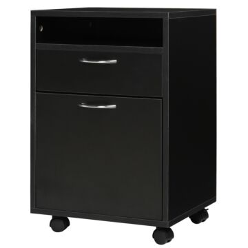 Homcom 60cm Storage Cabinet W/ Drawer Open Shelf Metal Handles 4 Wheels Office Home Organiser Mobile Printer Black