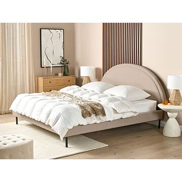 Bed Beige Boucle Polyester Fabric Eu King Size 6ft Slatted Base Half-round Headboard Minimalist Retro Design Bedroom Beliani