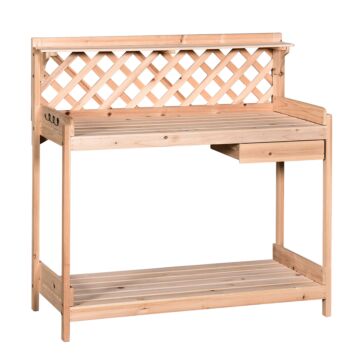 Outsunny Wooden Garden Potting Table With Drawer Flower Plant Work Bench Workstation Tool Storage Shelves Outdoor Grid