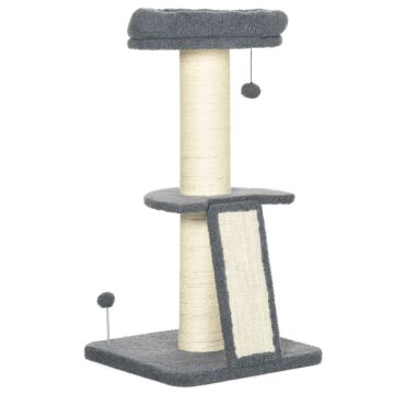 Pawhut Cat Tree Tower With Scratching Posts, Pad, Bed, Toy Ball For Cats Under 5 Kg, Dark Grey & Beige