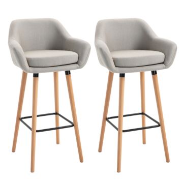Homcom Set Of 2 Bar Stools Modern Upholstered Seat Bar Chairs W/ Metal Frame, Solid Wood Legs Living Room Dining Room Fabric Furniture - Beige