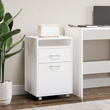 Homcom 60cm Storage Cabinet W/ Drawer Open Shelf Metal Handles 4 Wheels Office Home Organiser Mobile Printer White