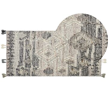 Kilim Area Rug Grey Wool And Cotton 80 X 150 Cm Handmade Woven Boho Patchwork Pattern With Tassels Beliani