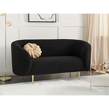 2 Seater Sofa Black Boucle Fabric Soft Nubby Gold Legs Retro Glam Art Decor Style Beliani