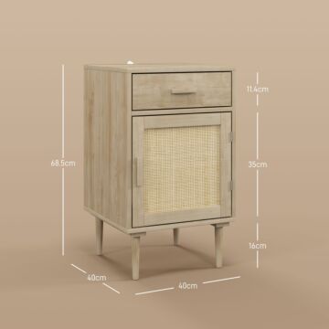 Homcom Bedside Table, Rattan Side Tables With Drawer, Cabinet And Adjustable Shelf, Boho Bedside Cabinet With Storage, Natural Wood Effect