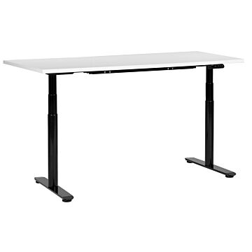 Electrically Adjustable Desk White Tabletop Black Steel Frame 160 X 72 Cm Sit And Stand Round Feet Modern Design Beliani