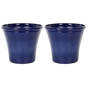 Set Of 2 Plant Pots ⌀55 Planters Solid Navy Blue Fibre Clay High Gloss Outdoor Resistances All-weather Beliani