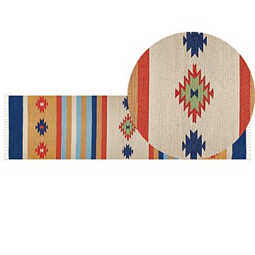 Kilim Area Rug Multicolour Cotton 80 X 300 Cm Handwoven Reversible Flat Weave Geometric Pattern With Tassels Traditional Boho Living Room Bedroom Beliani