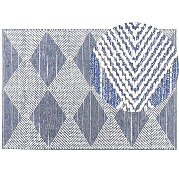 Area Rug Light Beige And Blue Wool Polyester 160 X 230 Cm Hand Woven Geometric Pattern Boho Living Room Bedroom Beliani