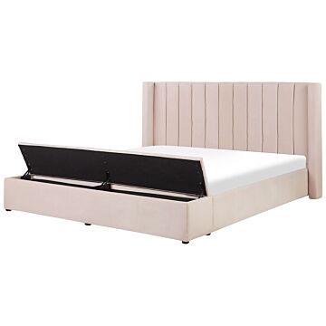 Eu Super King Size Panel Bed Pastel Pink Velvet 6ft Slatted Base High Headrest With Storage Bench Beliani