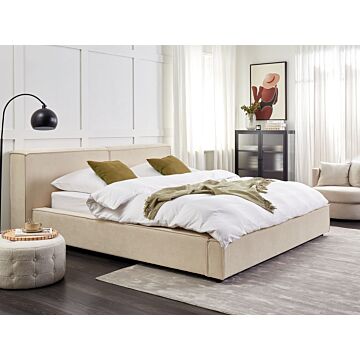 Eu Super King Size Bed Beige Corduroy Upholstery 6ft Slatted Base With Thick Padded Headboard Footboard Beliani
