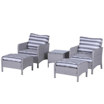 Outsunny 2 Seater Pe Rattan Garden Furniture Set, 2 Armchairs 2 Stools Glass Top Table Cushions Wicker Weave Chairs Outdoor Seating - Grey