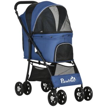 Pawhut Pet Stroller, Dog Cat Travel Carriage, Foldable Carrying Bag With Large Carriage, Universal Wheels, Brake Canopy, Basket Storage Bag Dark Blue